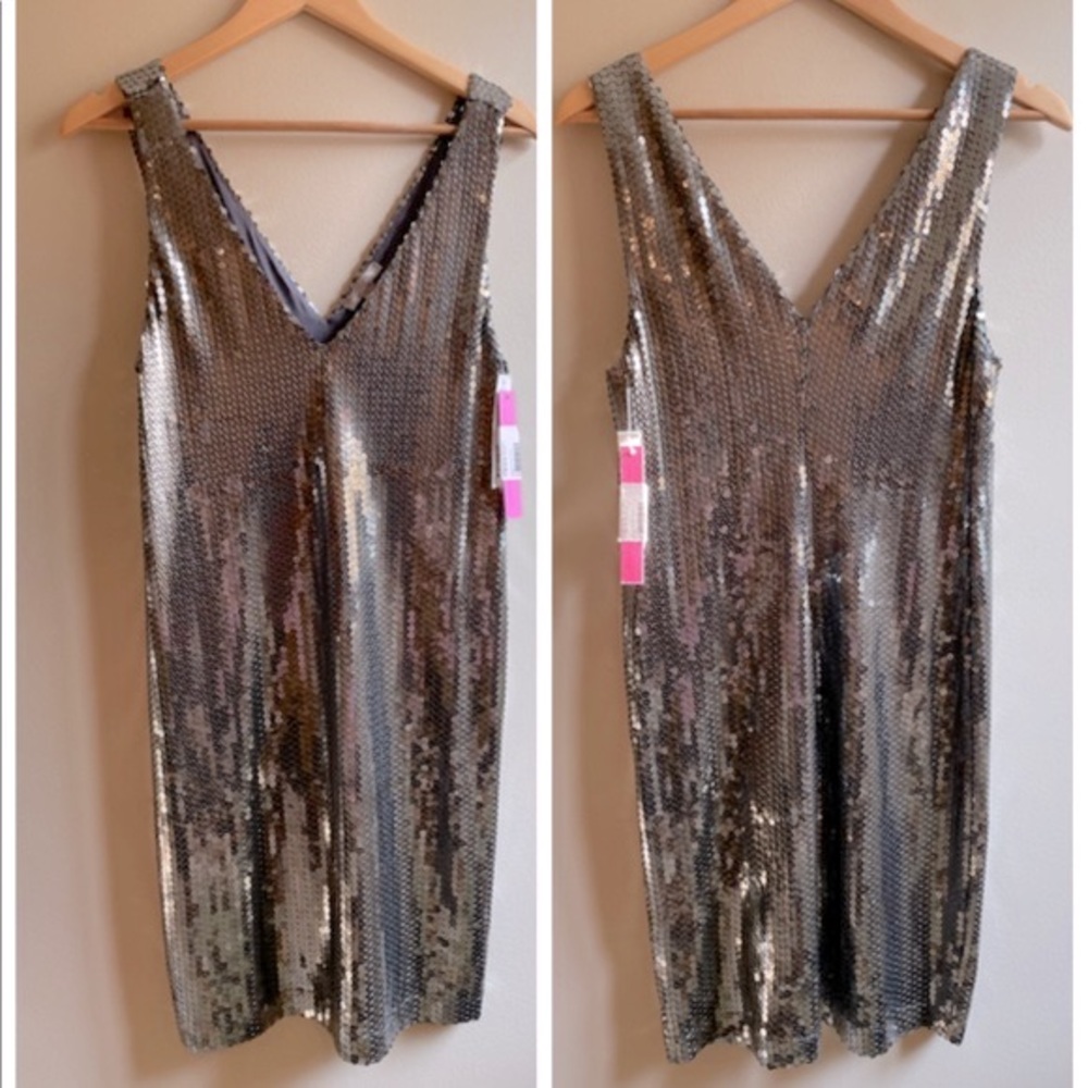 NWT silver sequin dress gun metal grey mini shift dress party body chain X SMALL